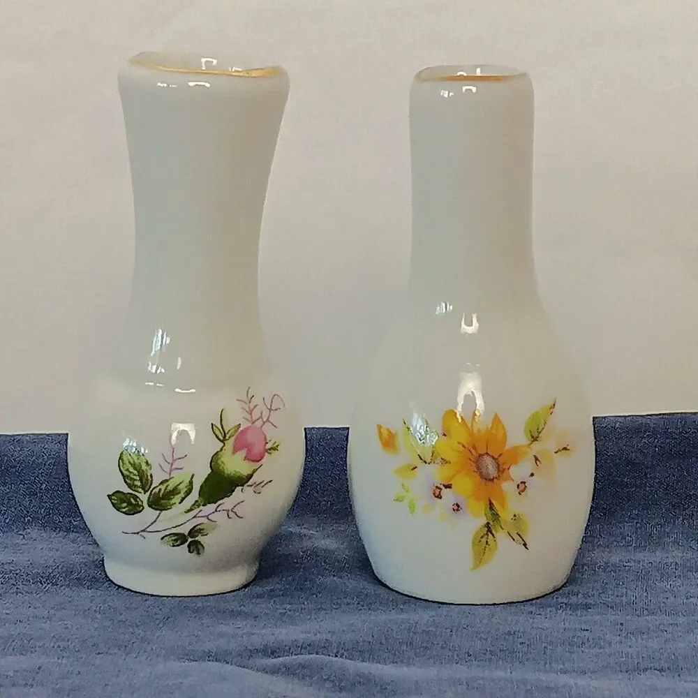Miniature Vase 2 1/2” Tall Porcelain  Yellow and Pink Flowers Gold Rim